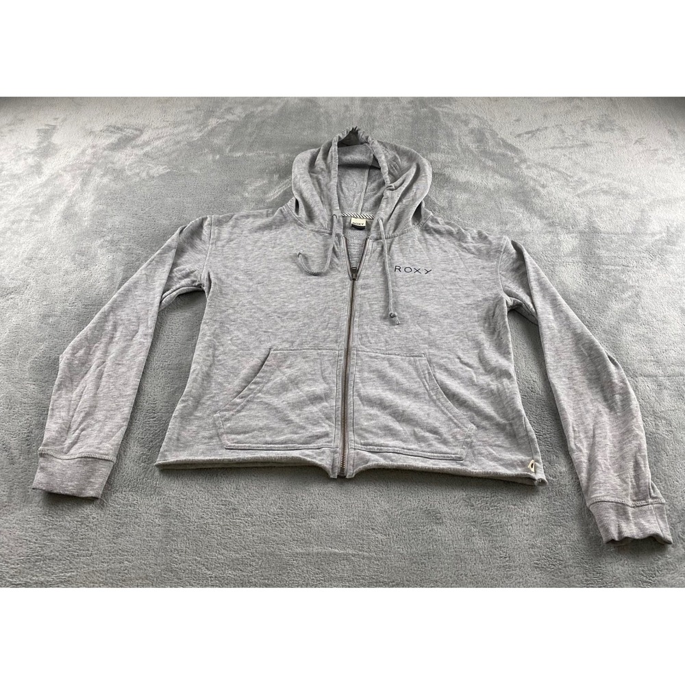 Roxy Womens Heather Grey Full Zip Hoodie Lightweight Raw Hem Size S